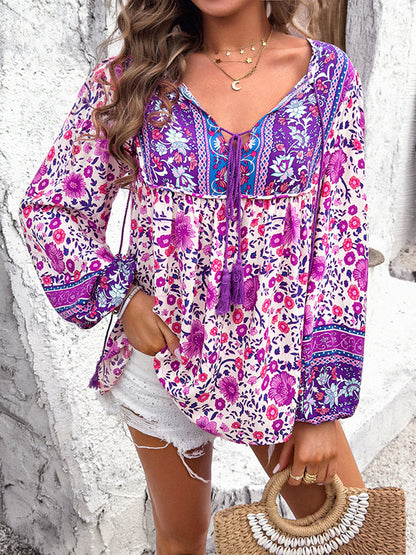 Long Sleeves Loose Contrast Color Elasticity Pleated Split-Joint Tied V-Neck Blouses&Shirts Tops