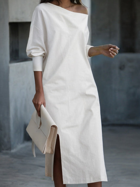 Long Sleeves Loose Solid Color Split-Side One-Shoulder Midi Dresses