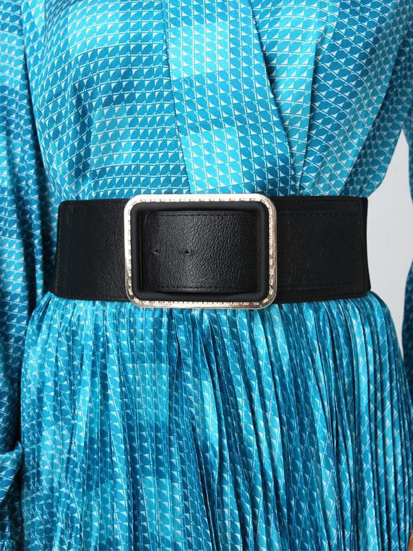 Long Sleeves Loose Belted Pleated Printed V-Neck Midi Dresses