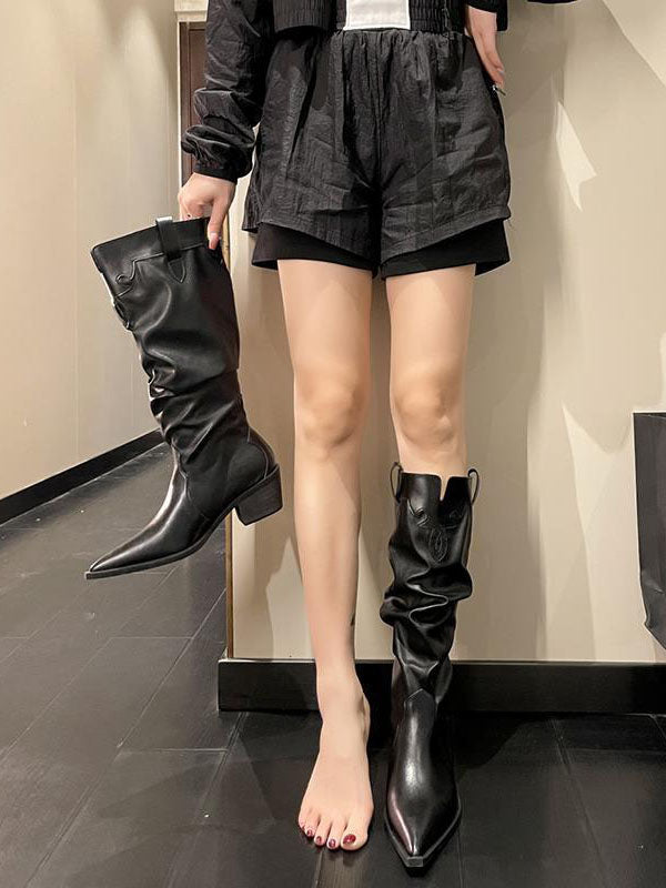 Chunky Shoes Pleated Pointed-Toe Solid Color Boots