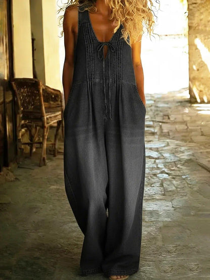 Loose Sleeveless Hollow Pleated Pockets Solid Color Split-Joint Tied Deep V-Neck Jumpsuits