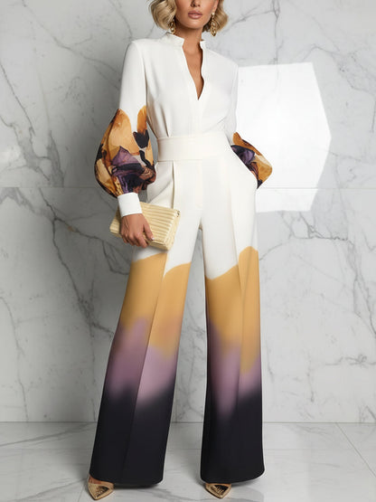 Long Sleeves Puff Sleeves Abstract Printed Contrast Color Split-Joint Stand Collar Blouses&Shirts Tops