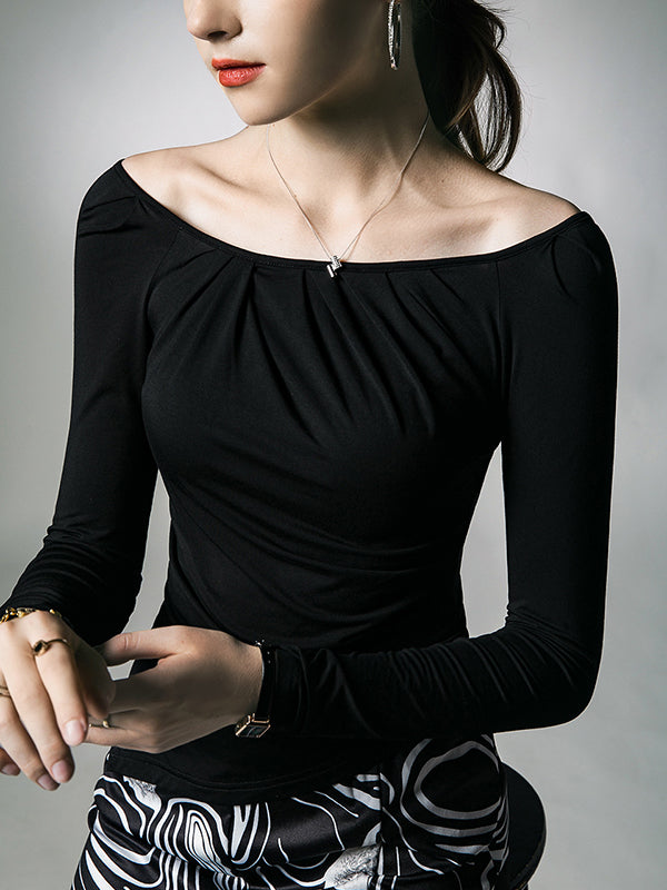 Long Sleeves Skinny Asymmetric Pleated Solid Color One-Shoulder T-Shirts Tops