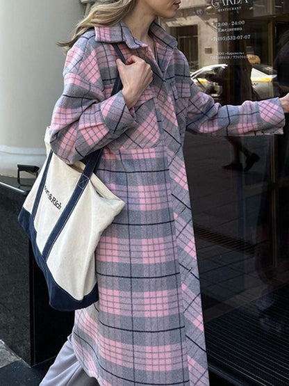 Long Sleeves Loose Plaid Pockets Lapel Woolen Coat