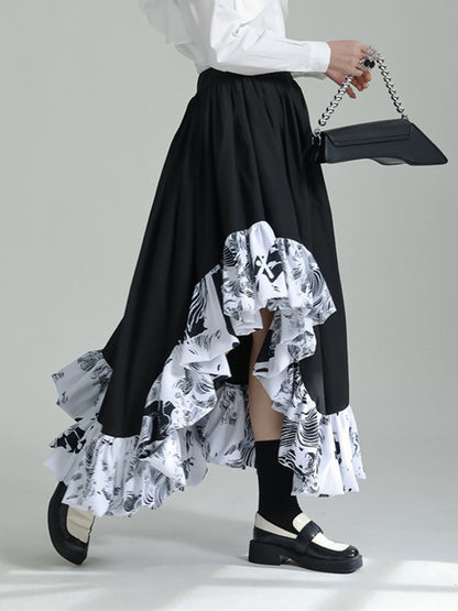 High Waisted Loose Asymmetric Elasticity Pleated Printed Ruffled Split-Joint Skirts Bottoms