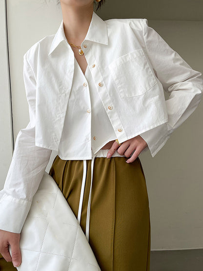 Lapel False Two Buttoned Pockets Solid Color Inner Shirts   Outerwear Blouses&Shirts Tops