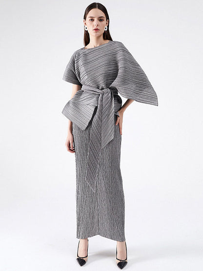 Urban Loose Solid Color Tied Pleated Top&V-Back Vest Dress Two Pieces Set