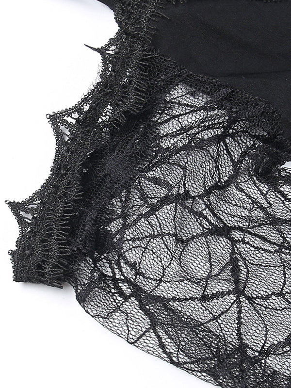 Halloween Gauze Solid Color Split-Joint Spaghetti-Neck Mini Dresses