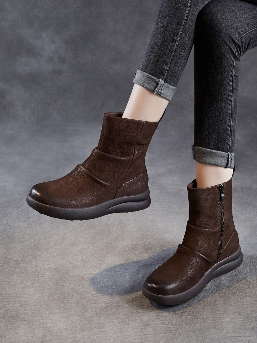 Women Winter Retro Genuine Leater Flat Boots