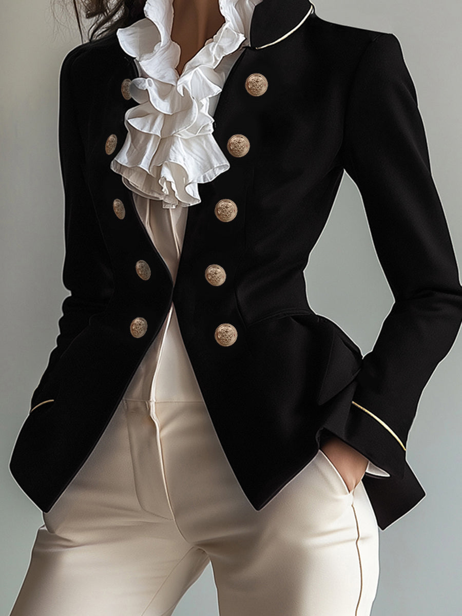 Long Sleeves Skinny Buttoned Solid Color Split-Joint Stand Collar Blazer Outerwear