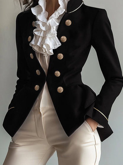 Long Sleeves Skinny Buttoned Solid Color Split-Joint Stand Collar Blazer Outerwear