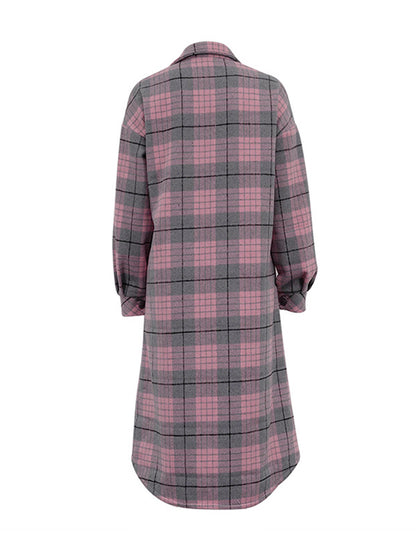 Long Sleeves Loose Plaid Pockets Lapel Woolen Coat