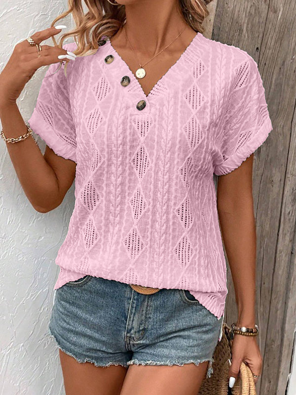 Loose Short Sleeves Buttoned Solid Color V-Neck T-Shirts Tops