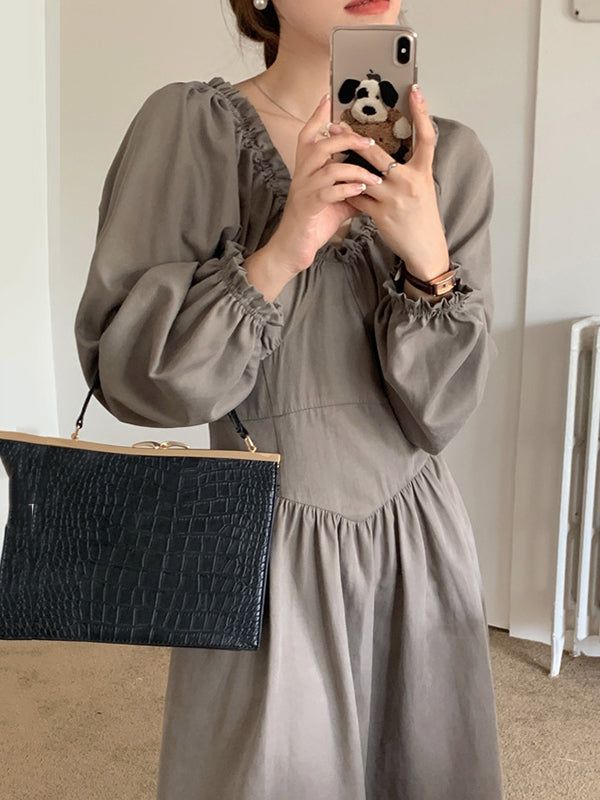 Bishop Sleeve Long Sleeves Elasticity Pleated Ruffled Solid Color Split-Joint Deep V-Neck Midi Dresses