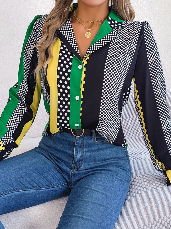Long Sleeves Buttoned Contrast Color Polka-Dot Notched Collar Blouses&Shirts Tops