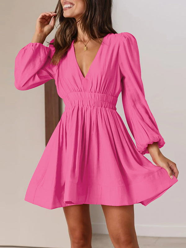 High Waisted Long Sleeves Elasticity Pleated Solid Color Deep V-Neck Mini Dresses