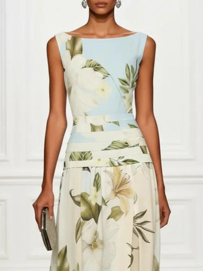 A-Line High Waisted Flower Print Pleated Split-Joint Zipper Round-Neck Maxi Dresses