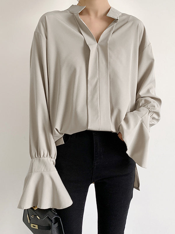 Flared Sleeves High-Low Buttoned Solid Color Split-Side V-Neck Blouses&Shirts Tops