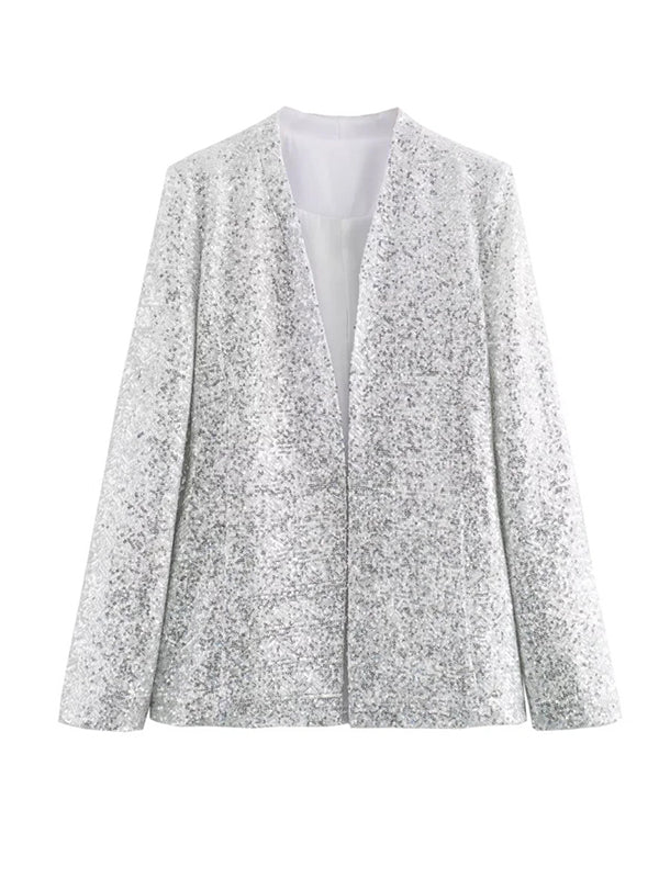 Long Sleeves Loose Sequined Shiny V-Neck Blazers Top + Shorts Bottom Two Pieces Set