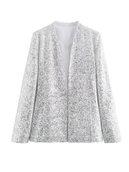 Long Sleeves Loose Sequined Shiny V-Neck Blazers Top + Shorts Bottom Two Pieces Set