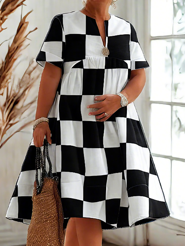 Loose Short Sleeves Contrast Color Plaid Pleated V-Neck Midi Dresses Shirt Dress