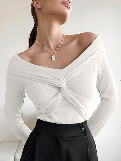 Long Sleeves Skinny Keep Warm Knot Solid Color V-Neck T-Shirts Tops