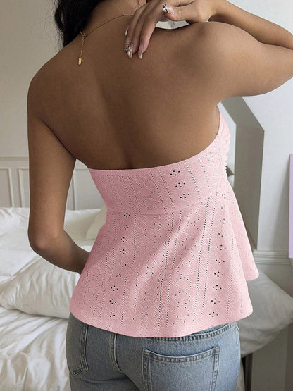 Skinny Sleeveless Backless Hollow Pleated Solid Color Split-Joint Tied Tube Vest Top
