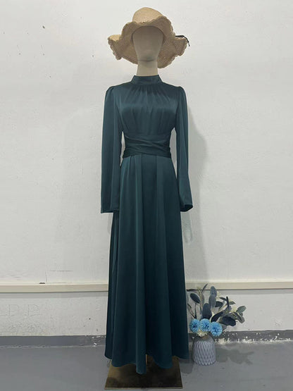 Long Sleeves Loose Pleated Solid Color Tied Waist Mock Neck Maxi Dresses