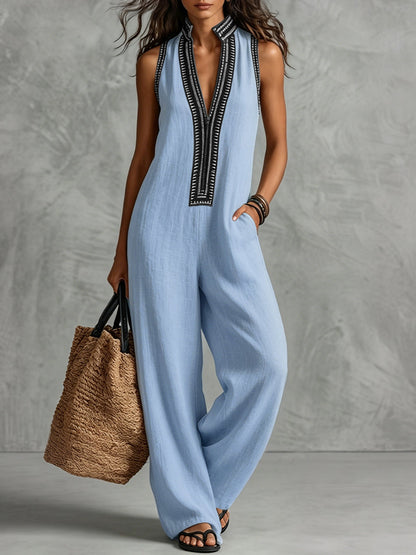 Sleeveless Wide Leg Pockets Solid Color Zipper Stand Collar Jumpsuits