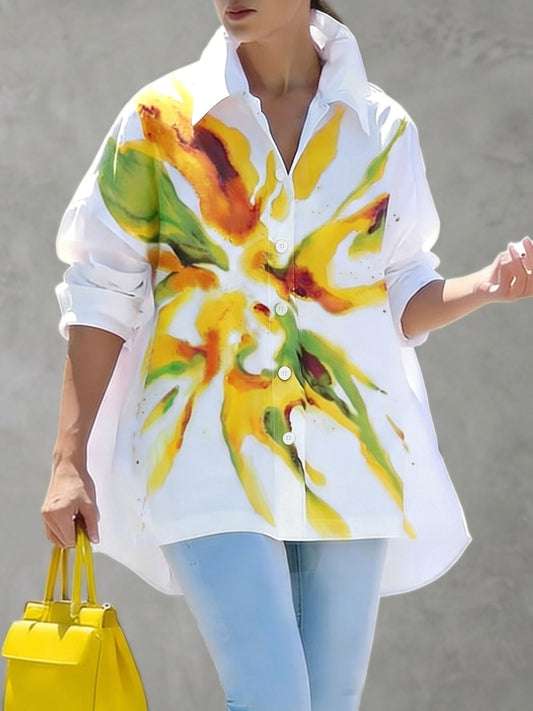 High-Low Long Sleeves Buttoned Contrast Color Flower Print Lapel Blouses&Shirts Tops