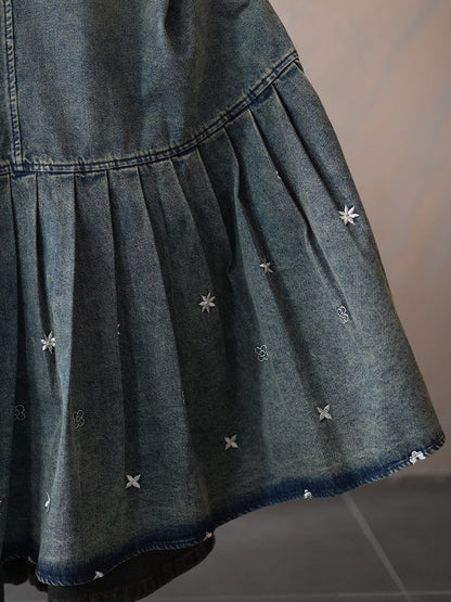Women Summer Vintage Denim Vest Pleated Dress