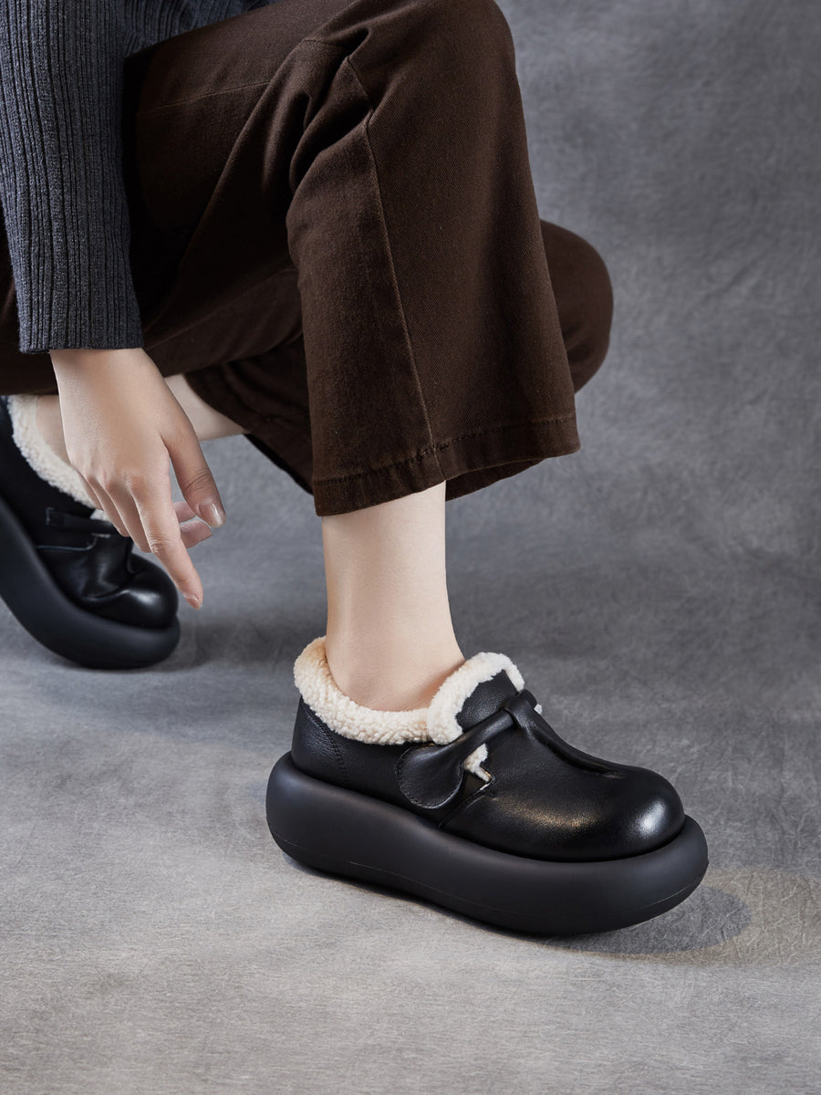 Women Vintage Genuine Leather Fleece-lined Platform Shoes