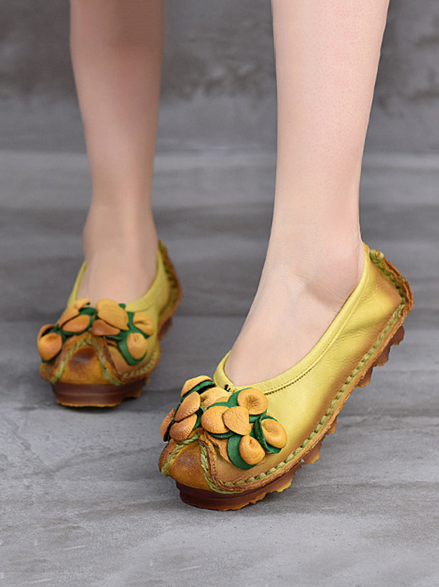 Women Vintage Flower Leather Spliced Flat Shoes