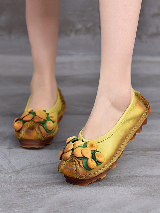 Women Vintage Flower Leather Spliced Flat Shoes