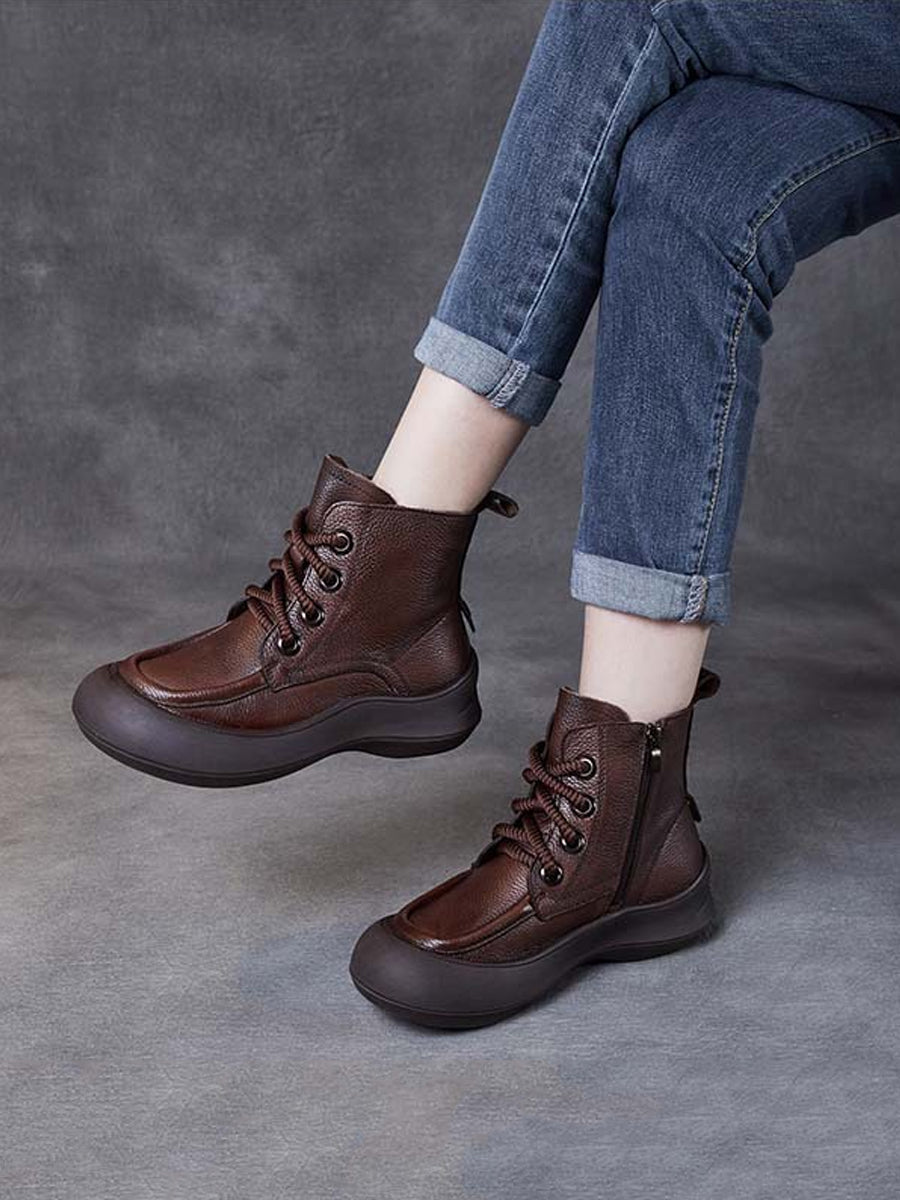 Women Vintage Genuine Leather Spliced Platform Boots
