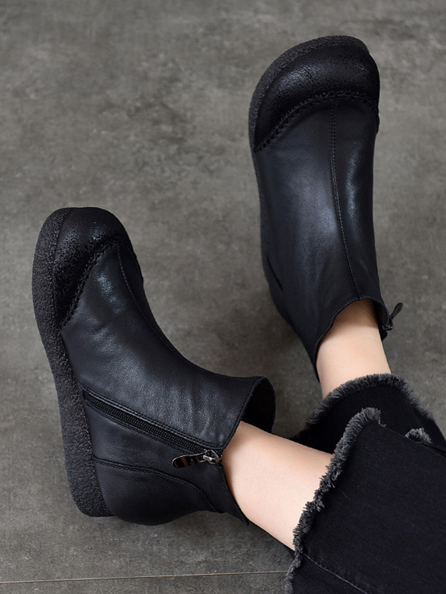 Women Genuine Leather Spliced Fleece-lined Flat Ankle Boots