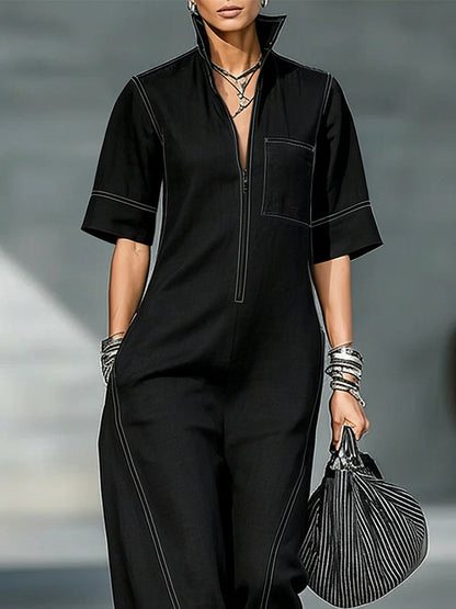 Loose Short Sleeves Pockets Solid Color Zipper Stand Collar Jumpsuits