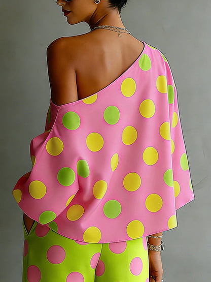 Long Sleeves Loose Asymmetric Polka-Dot One-Shoulder Blouses&Shirts Tops