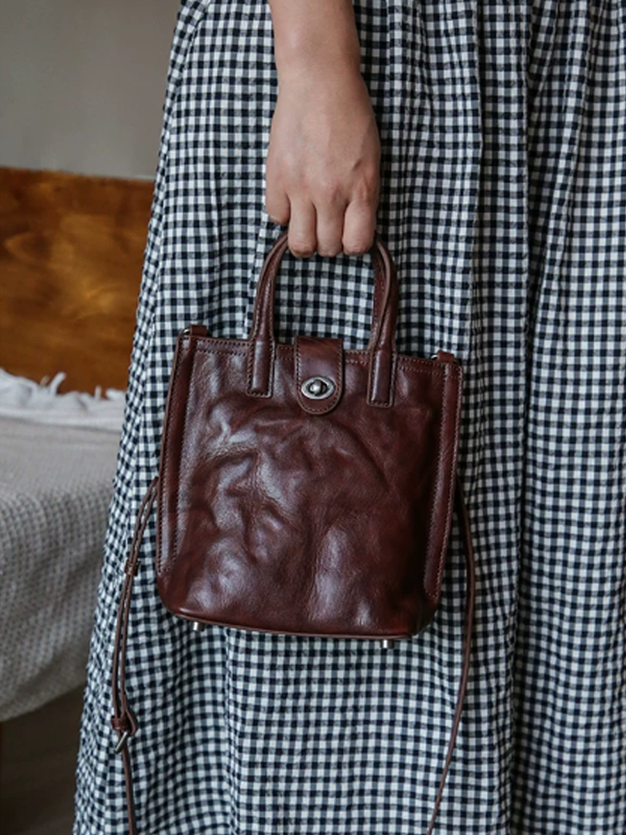 Vintage Crinkled Mini Tote Crossbody Bag