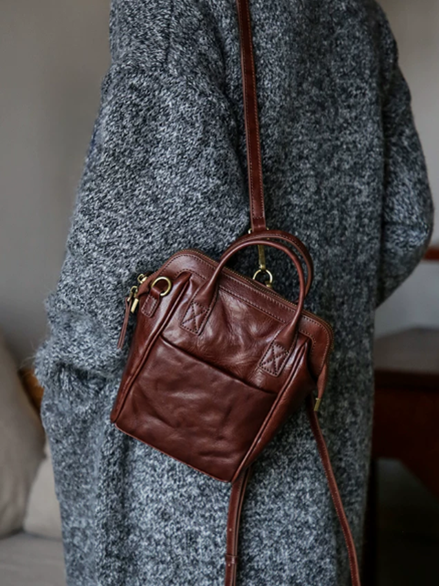 Crinkled Leather Handbag Travel Backpack
