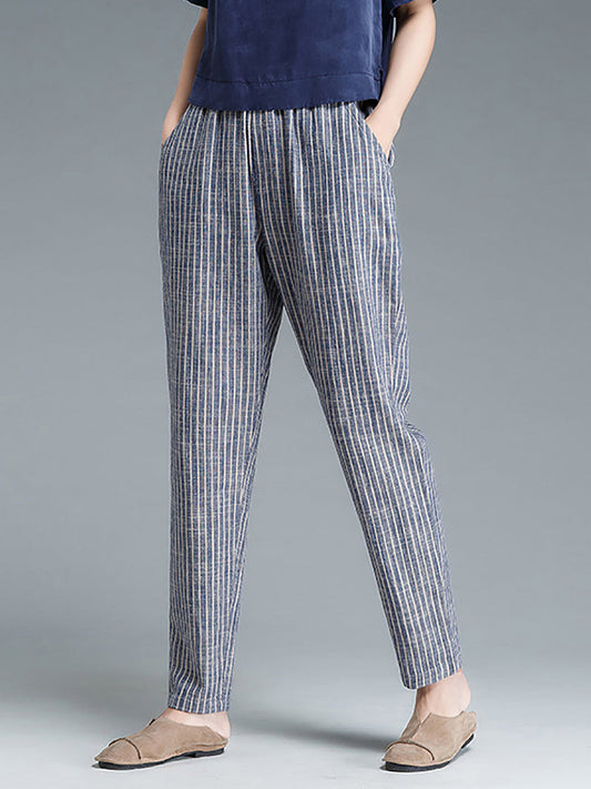 Plus Size Buykud Stripe Cotton Linen Women Pants
