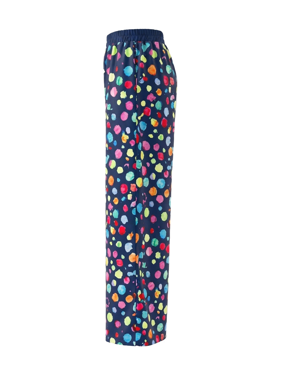 High Waisted Wide Leg Contrast Color Elasticity Pockets Polka Dot Pants Trousers