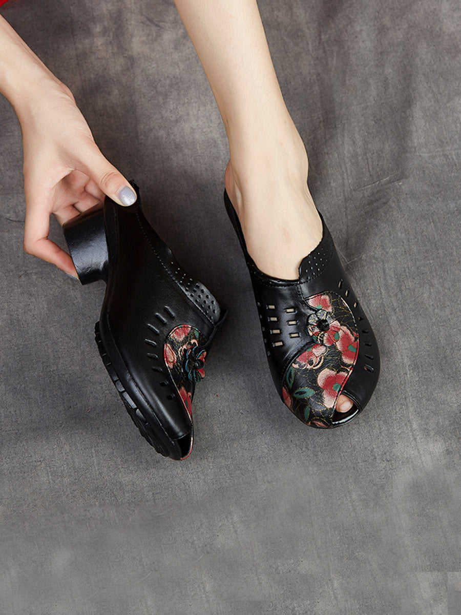 Women Summer Ethnic Flower Leather Spliced Mid Heel Slippers