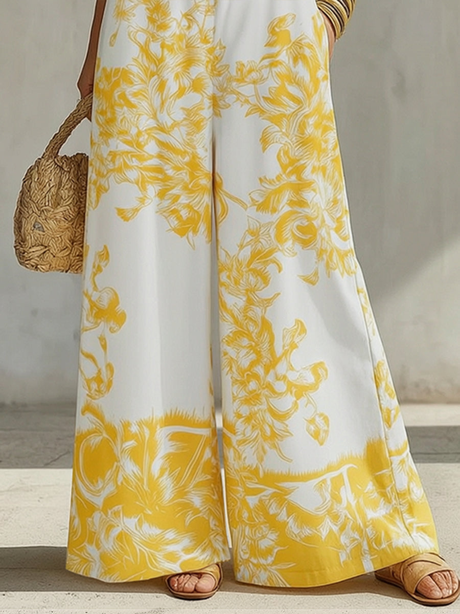 Loose Sleeveless Flower Print Pleated Pockets Spaghetti-Neck Jumpsuits