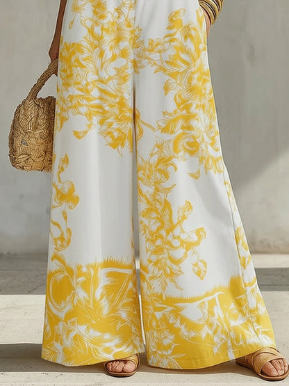 Loose Sleeveless Flower Print Pleated Pockets Spaghetti-Neck Jumpsuits