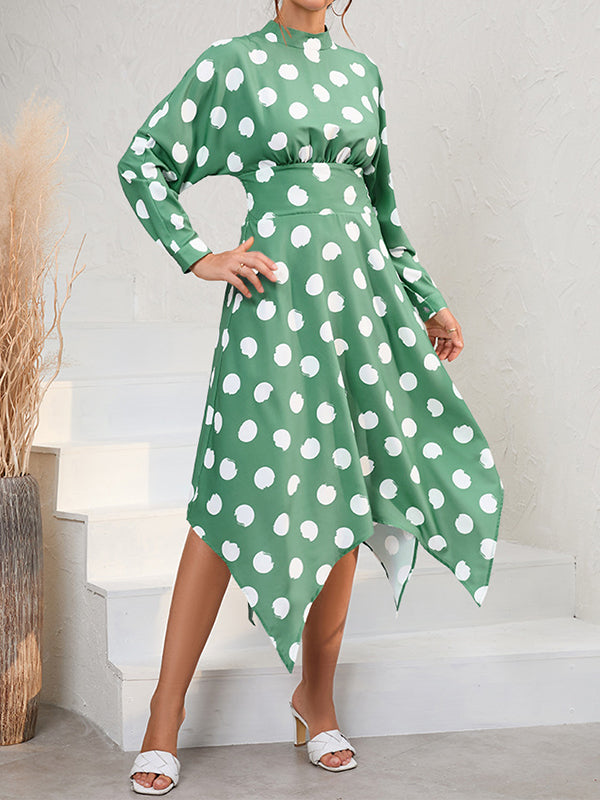 A-Line Long Sleeves Elasticity Hollow Polka-Dot Mock Neck Midi Dresses