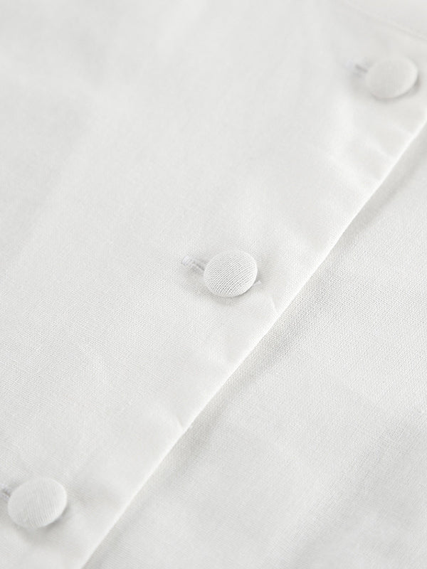 Solid Color Puff Sleeves Split-Joint Stand Collar Blouses + Pleated High Waisted Skirts Two Pieces Set