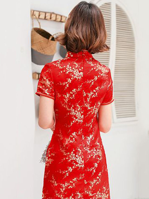 Plum Blossom Print Stand Collar Short Cheongsam