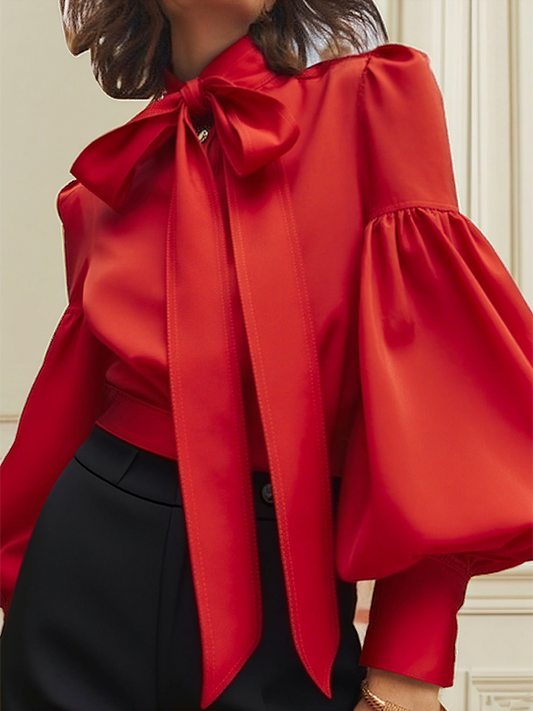 Puff Sleeves Bowknot Solid Color Stand Collar Blouses&Shirts Tops