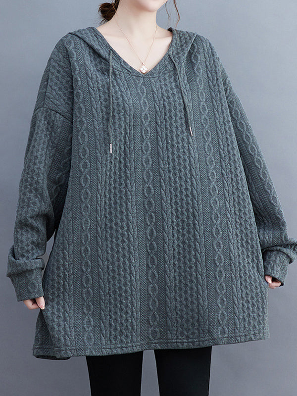 Hooded Long Sleeves Drawstring Jacquard Solid Color Split-Joint Hoodies Tops